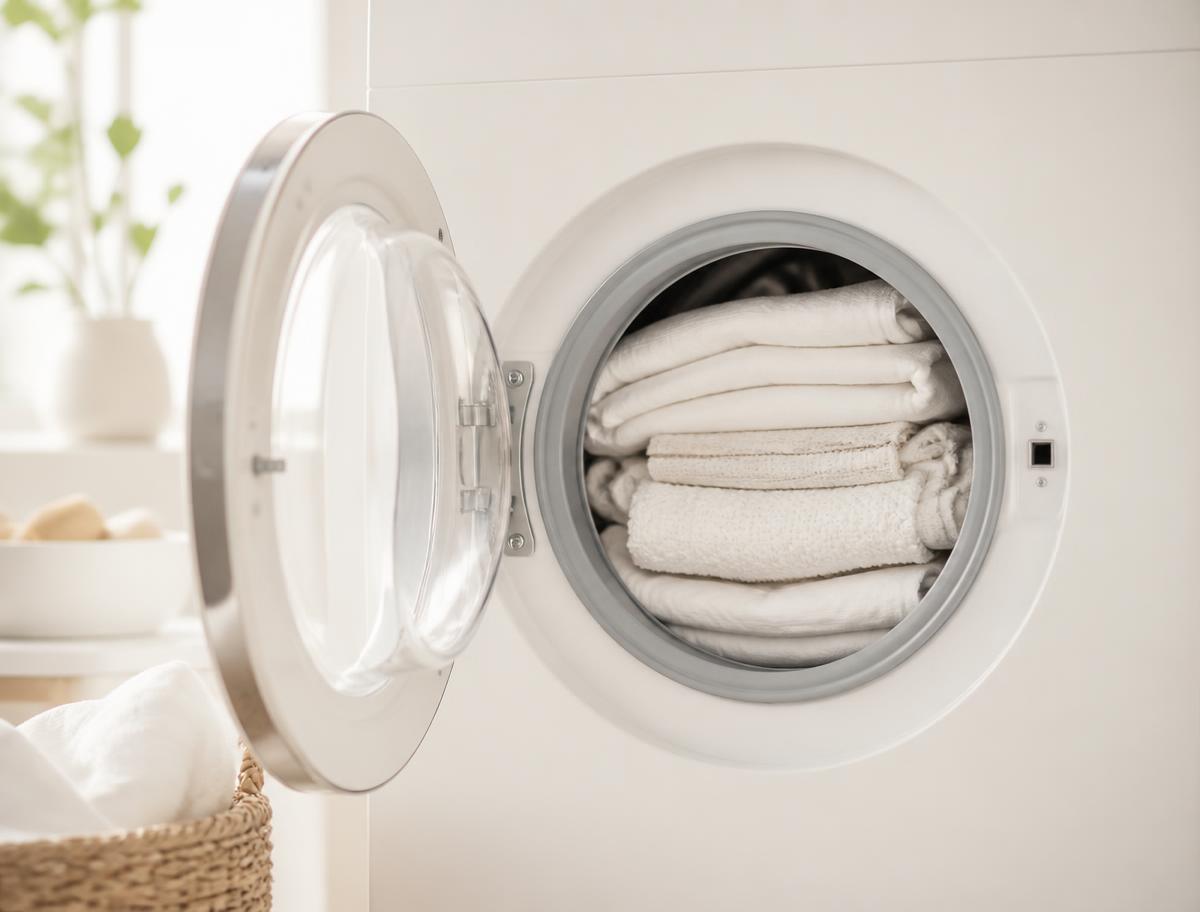 An open washing machine drum loaded with folded white towels and linens