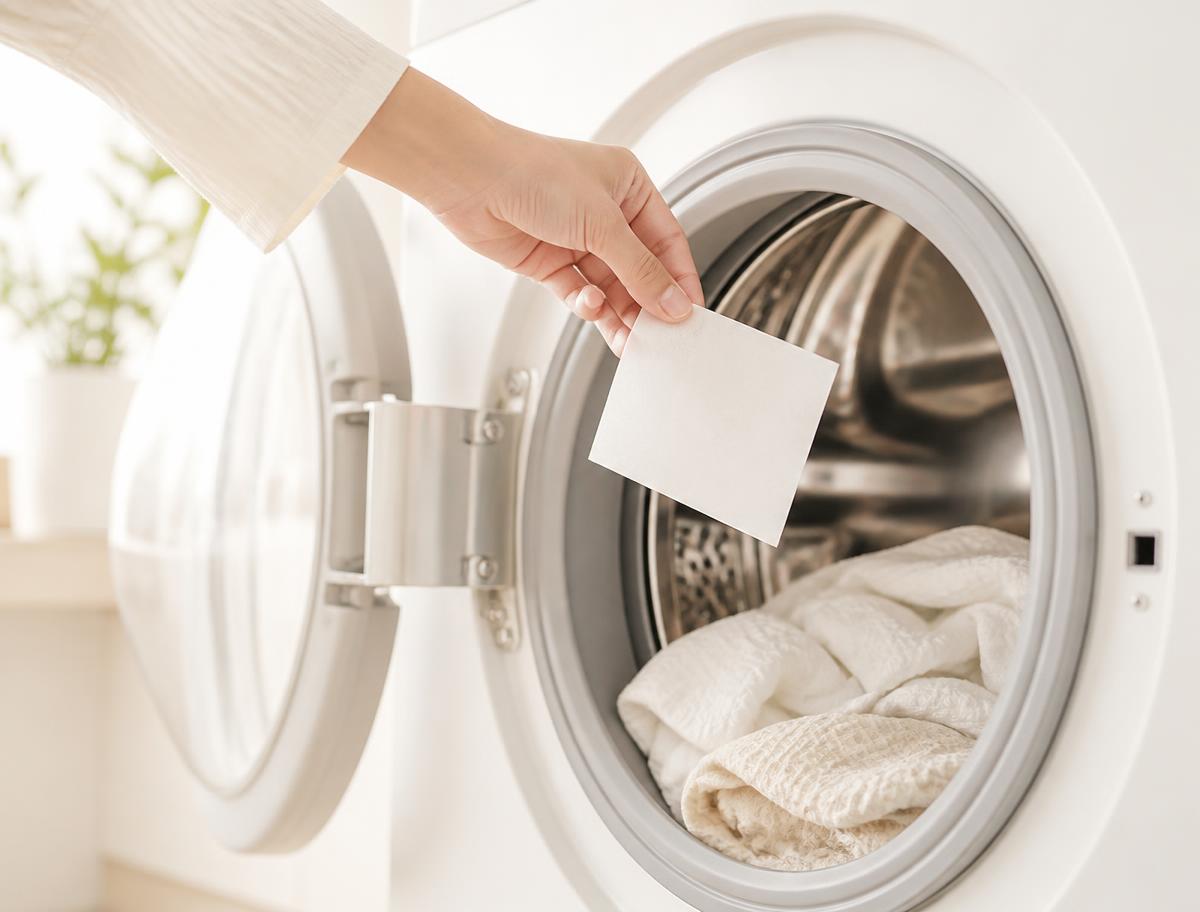 A hand dropping a single OXRA detergent sheet into an open washing machine drum